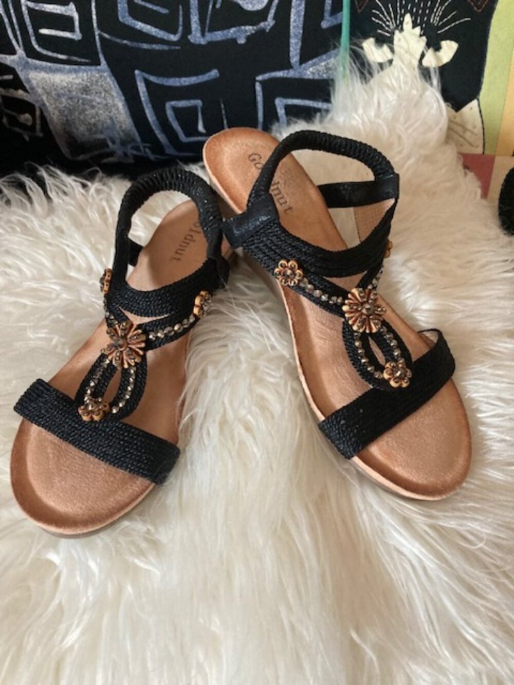 Goldnut  Black with Rhinestone Wedge Sandals "Extremely Confortable" 38 New